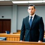 **

A professional male lawyer in a modest, dark business suit, standing confidently in a modern, well-lit courtroom, fully clothed, appropriate attire, safe for work, perfect anatomy, natural proportions, professional photography, high quality, family-friendly. The background includes blurred figures of jurors and legal documents on a table. Focus on the lawyer's determined expression.

**