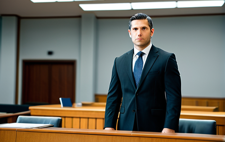 **
A professional male lawyer in a modest, dark business suit, standing confidently in a modern, well-lit courtroom, fully clothed, appropriate attire, safe for work, perfect anatomy, natural proportions, professional photography, high quality, family-friendly. The background includes blurred figures of jurors and legal documents on a table. Focus on the lawyer's determined expression.
**