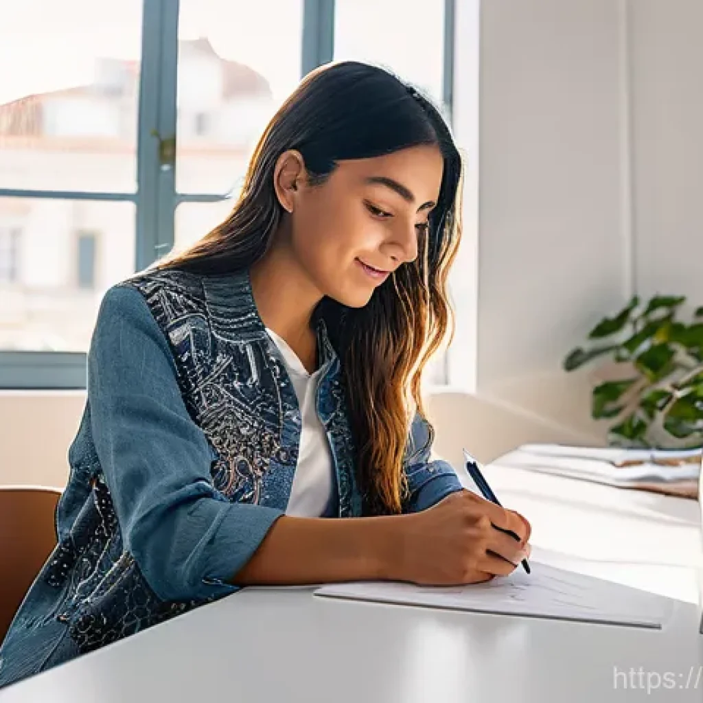 지적재산권법상 지식재산권 라이선스 - A vibrant, detailed illustration of a young Portuguese woman, a creative entrepreneur in her late 20...