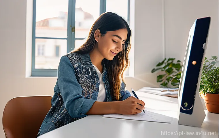지적재산권법상 지식재산권 라이선스 - A vibrant, detailed illustration of a young Portuguese woman, a creative entrepreneur in her late 20...