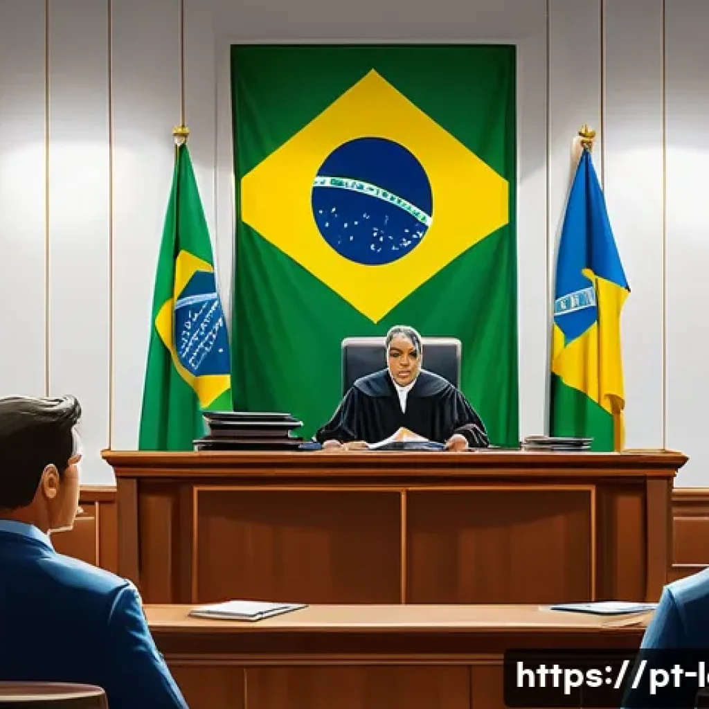 형법 일반원칙 - A detailed courtroom scene in a modern Brazilian judicial setting, showcasing a diverse judge attent...