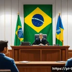 형법 일반원칙 - A detailed courtroom scene in a modern Brazilian judicial setting, showcasing a diverse judge attent...
