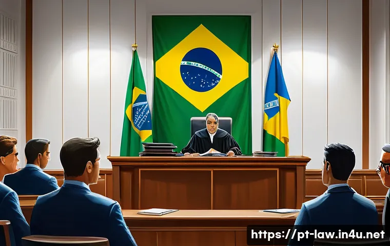 형법 일반원칙 - A detailed courtroom scene in a modern Brazilian judicial setting, showcasing a diverse judge attent...