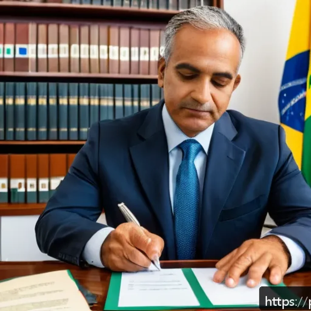 민법상 대리제도 - A professional office scene showing a middle-aged Brazilian man signing a detailed power of attorney...