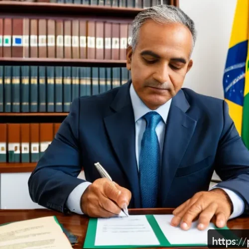 민법상 대리제도 - A professional office scene showing a middle-aged Brazilian man signing a detailed power of attorney...