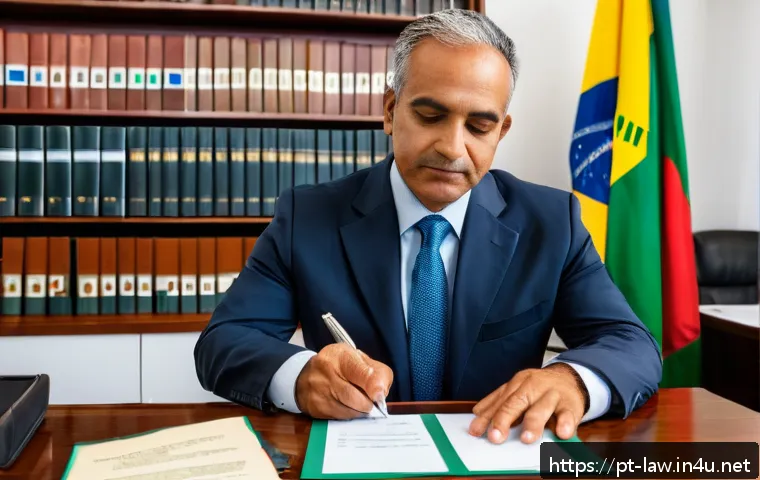 민법상 대리제도 - A professional office scene showing a middle-aged Brazilian man signing a detailed power of attorney...