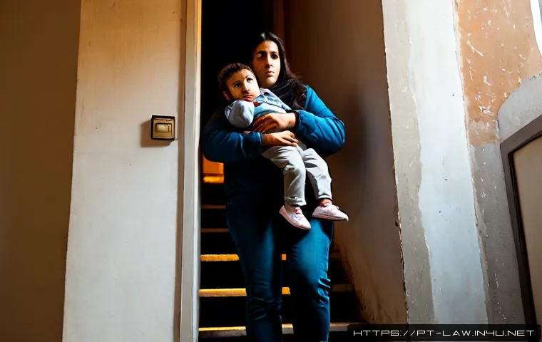 형법상 긴급피난 - Photorealistic emergency scene in a Lisbon apartment building, a calm adult woman carrying a fully c...